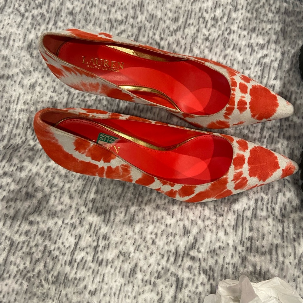 Ralph Lauren Red and White Peep-Toe Heels
